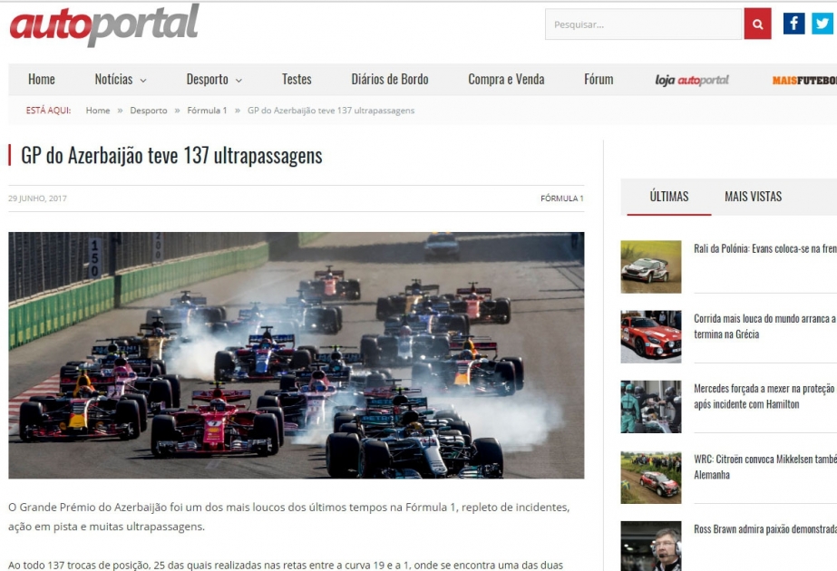 Portuqaliya portalı Formula-1 Azərbaycan Qran-Prisindən yazır