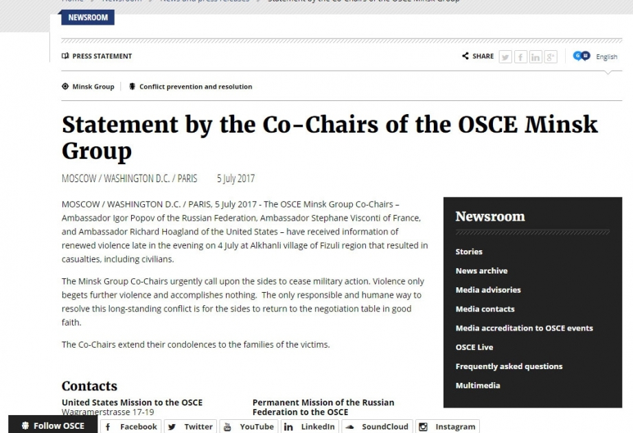 OSCE Minsk Group co-chairs make statement on another provocation of Armenia