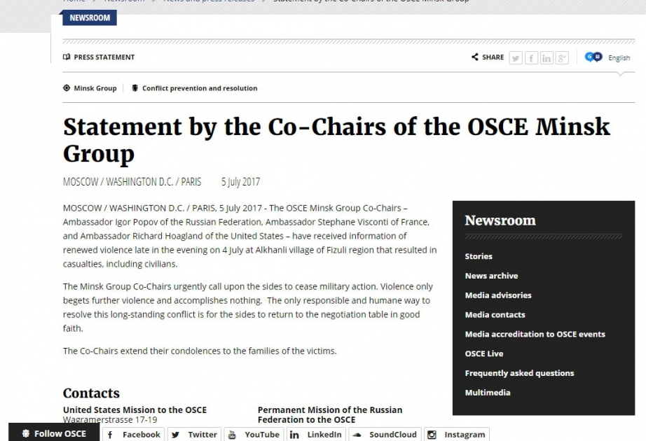 OSZE MG gibt ein Statement zur armenischen Provokation ab