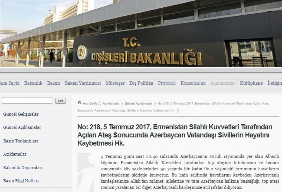 Turkish Foreign Ministry issues statement loss of lives of Azerbaijani civilians as result of attack of Armenian Armed Forces