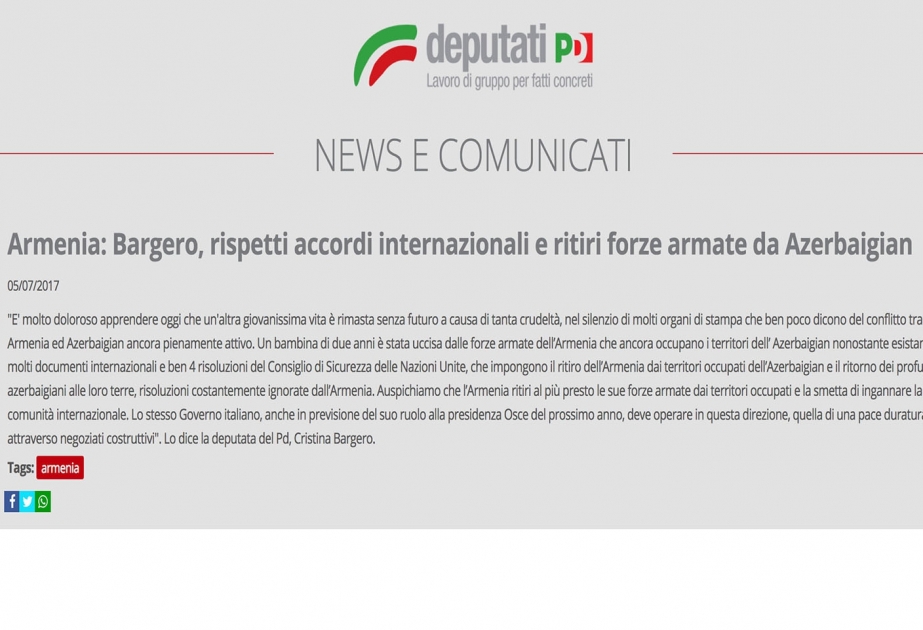 İtaliya parlamentinin üzvləri Ermənistanın təxribatını pisləyən bəyanatlar veriblər