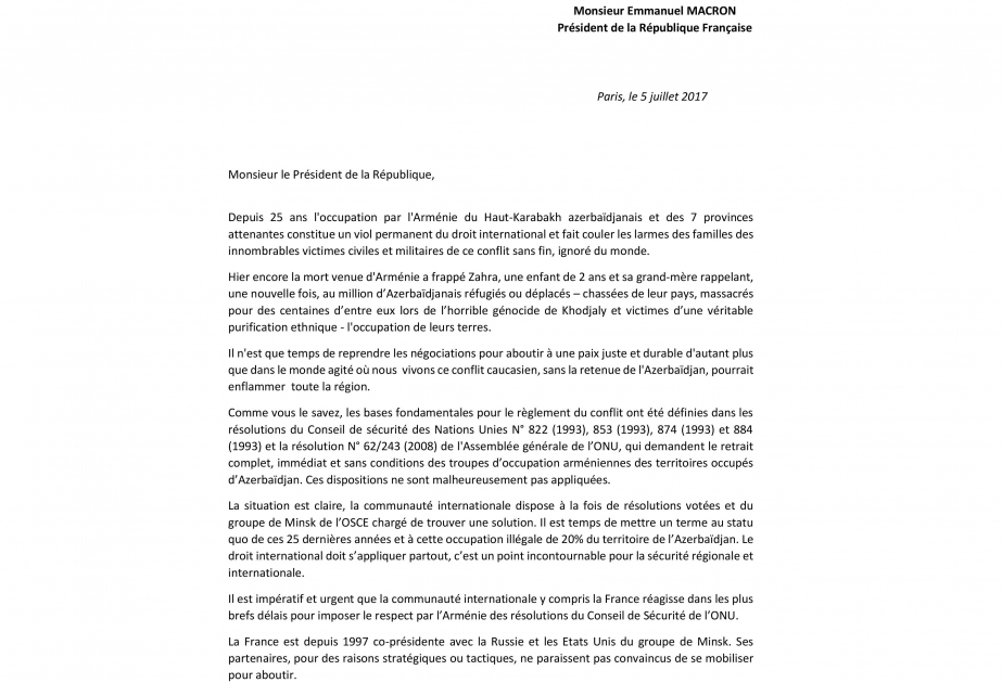 Fransa parlamentinin deputatları Prezident Emmanuel Makrona müraciət ünvanlayıblar