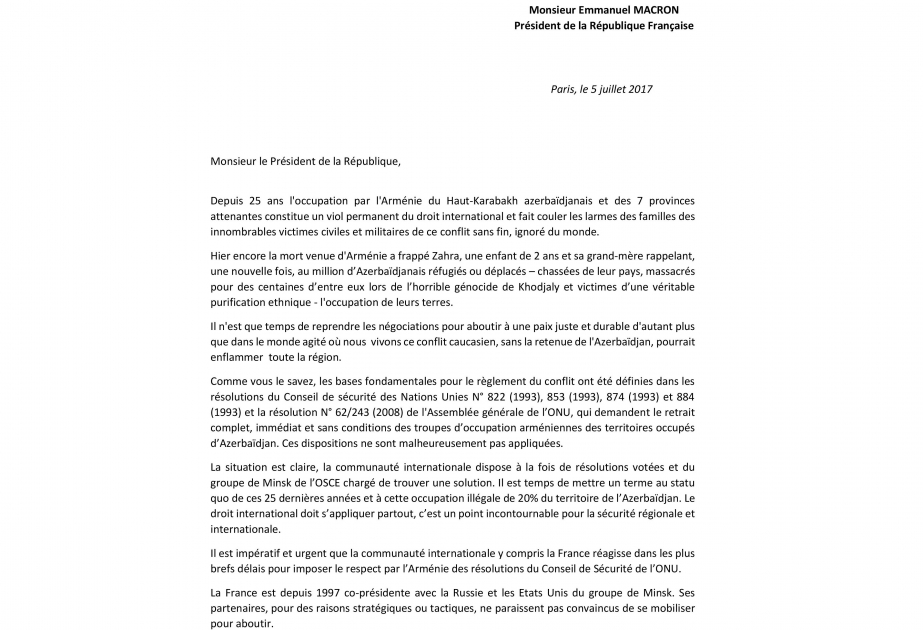 French parliamentarians urge President Macron to press Armenia to comply with UN Security Council and General Assembly resolutions