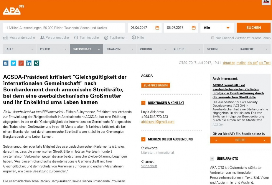 APA-OTS veröffentlicht Erklärung und offenen Brief zur weiteren militärischen Provokation Armeniens