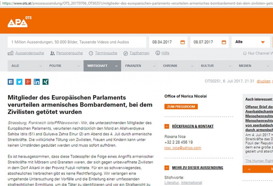 Mitglieder des Europäischen Parlaments verurteilen armenisches Bombardement, bei dem Zivilisten getötet wurden