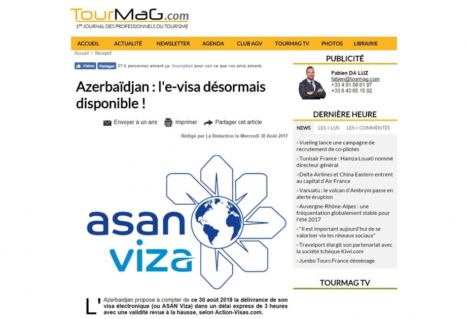 Fransa portalları Azərbaycanda elektron vizanın 3 saata verilməsindən yazır