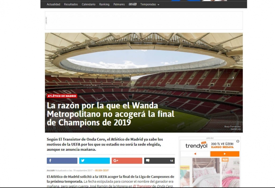İspaniyanın “AS” nəşri: UEFA Çempionlar Liqasının finalı üçün Madridi yox, Bakını seçəcək
