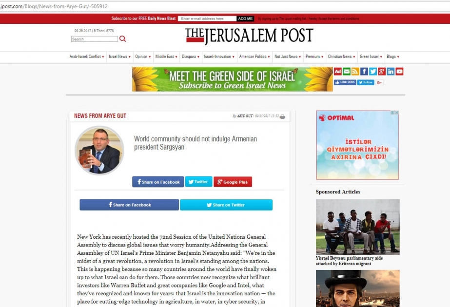 The Jerusalem Post: World community should not indulge Armenian President Sargsyan