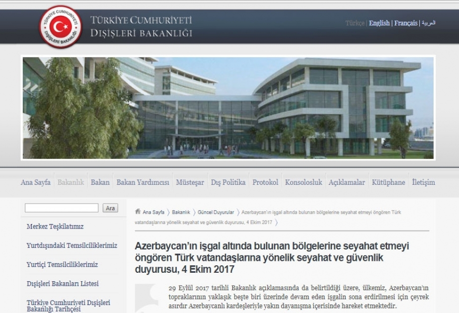 Türkiyə XİN: Azərbaycanın icazəsi olmadan işğal altındakı torpaqlara səfər etmək beynəlxalq hüquqa ziddir