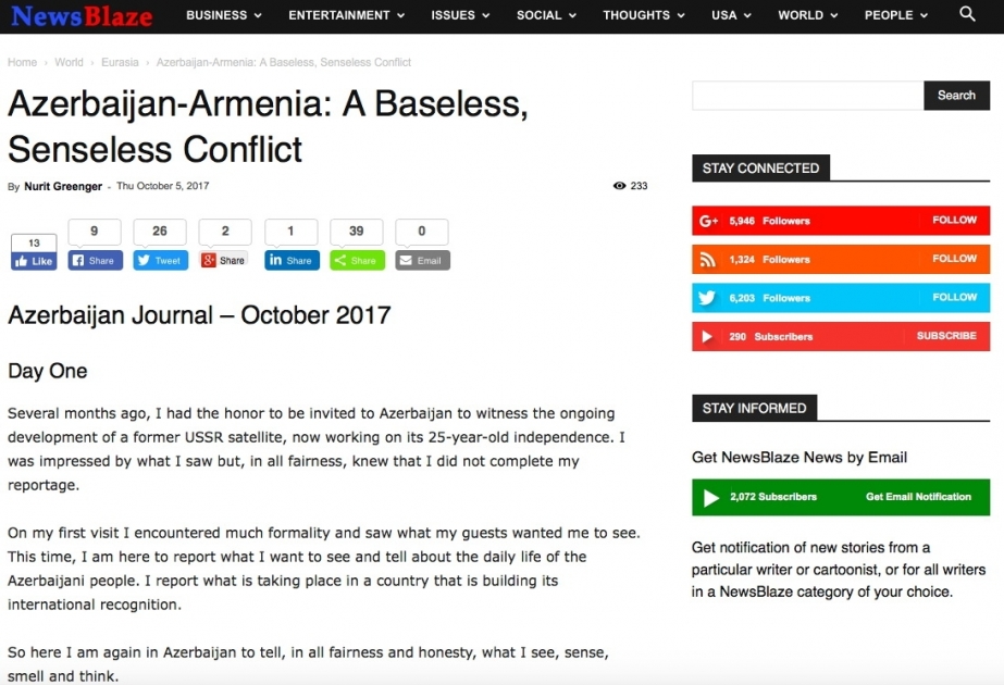 В американском издании опубликована статья об армяно-азербайджанском, нагорно-карабахском конфликте