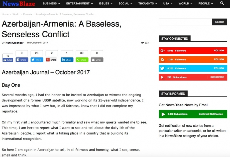 Amerikalı jurnalist: Ermənistan Dağlıq Qarabağ münaqişəsinin həlli ilə bağlı danışıqlara qərəzli yanaşır
