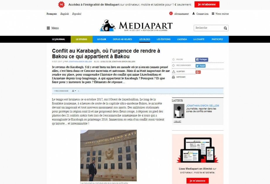 Французский журналист опубликовал статью об армяно-азербайджанском, нагорно-карабахском конфликте