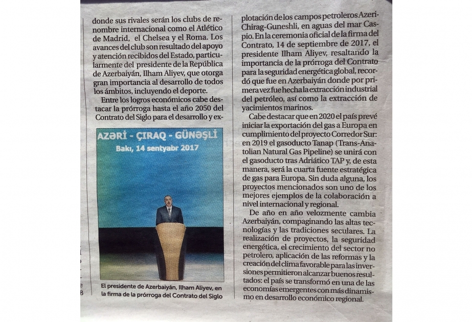 В испанской газете «La Razon» опубликована статья, посвященная 26-летней годовщине государственной независимости Азербайджана