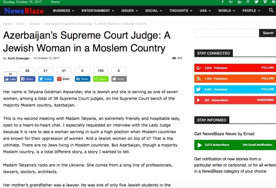 NewsBlaze: Eine von sieben Richterinnen des Obersten Gerichtshofs von Aserbaidschan ist eine Jüdin