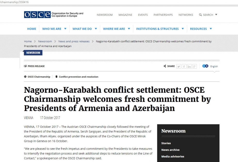 OSCE Chairmanship releases statement on the meeting of Azerbaijani and Armenian presidents
