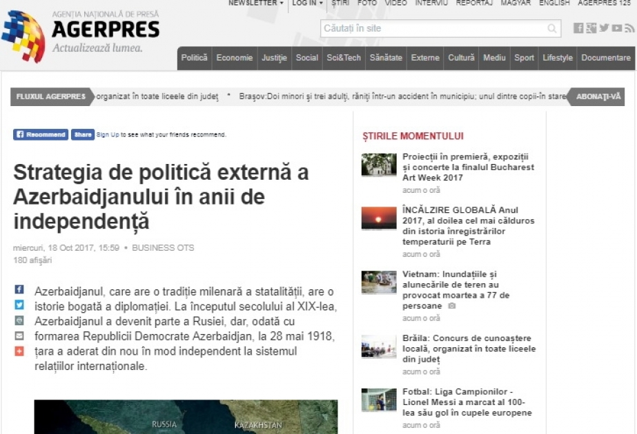Rumıniyanın “AGERPRES” agentliyi Azərbaycanın xarici siyasəti haqqında məqalə yayıb