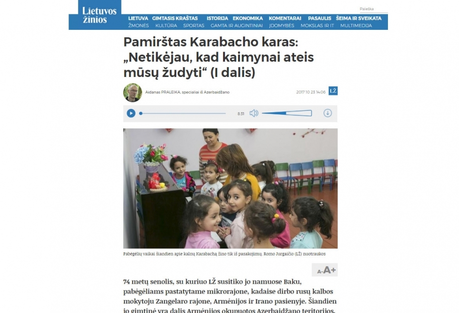 В литовском издании «Lietuvos zinios» опубликована статья о нагорно-карабахской войне и азербайджанских беженцах