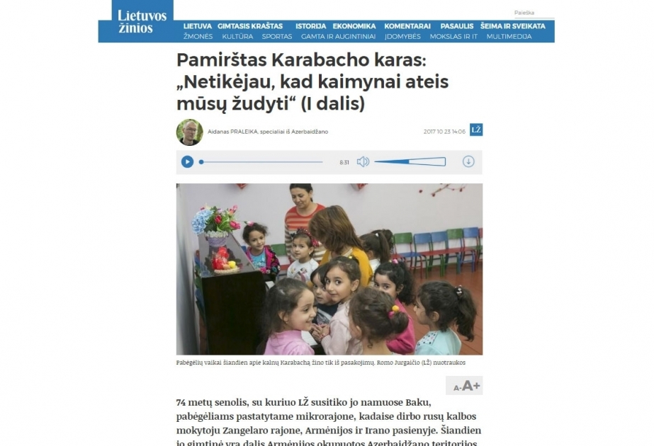 Litvanın “Lietuvos zinios” nəşrində Ermənistan-Azərbaycan münaqişəsi haqqında məqalə dərc edilib