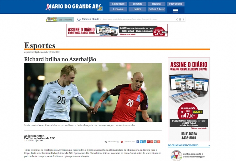 Futbol üzrə Azərbaycan millisinin üzvü Braziliya mətbuatına müsahibə verib