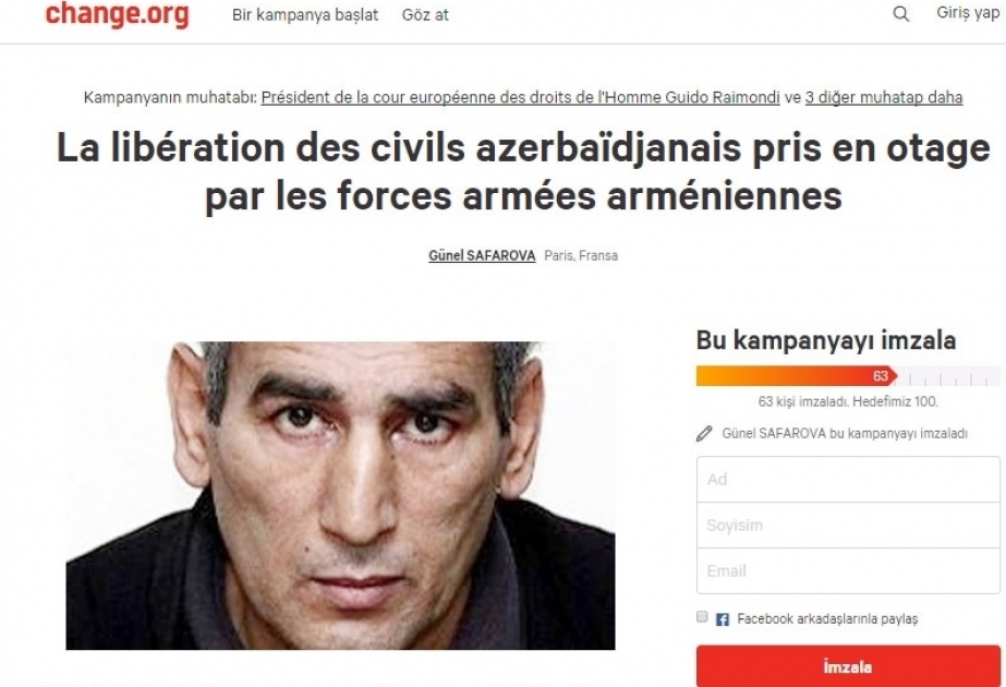 Une pétition lancée à Paris relative à la libération des Azerbaïdjanais pris en otage par les Arméniens
