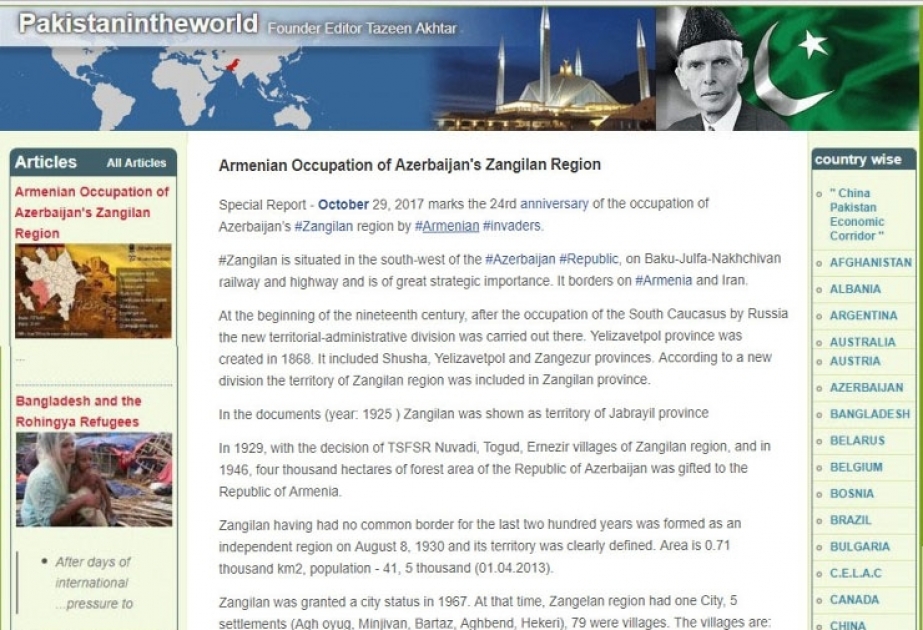 “Pakistan in the World” writes about Armenian occupation of Azerbaijan`s Zangilan region