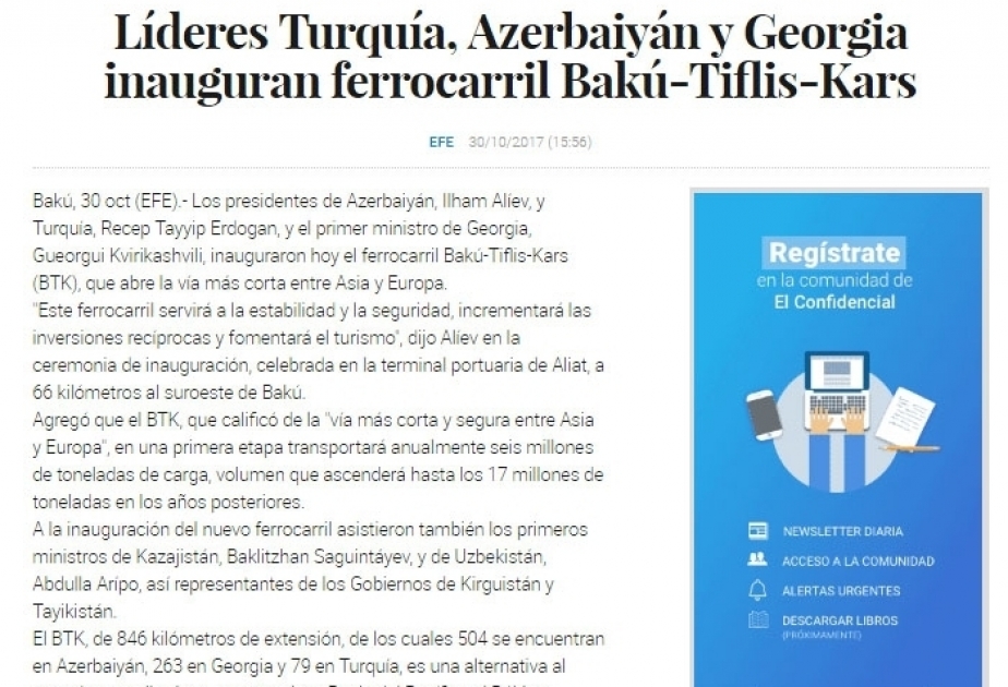 Bakı-Tbilisi-Qars dəmir yolunun açılışı İspaniya mətbuatının da diqqət mərkəzindədir