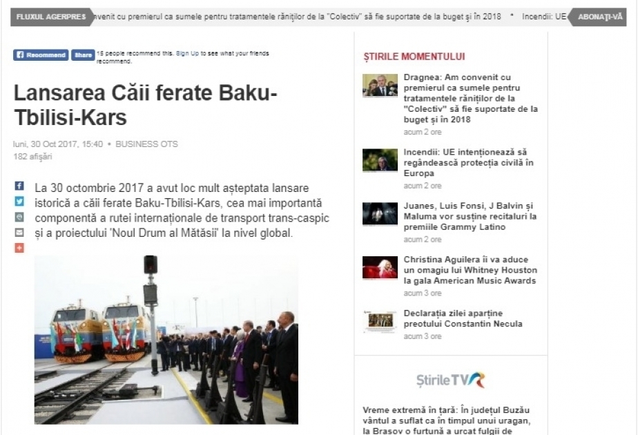 L’AGERPRES : Le chemin de fer Bakou-Tbilissi-Kars est une partie importante de la carte de transport de l’Eurasie