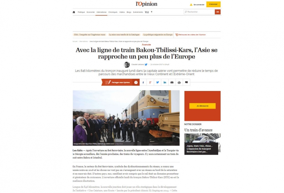 Fransanın “Lopinion” portalı: “Bakı-Tbilisi-Qars dəmir yolu ilə Asiya Avropaya daha da yaxınlaşır”
