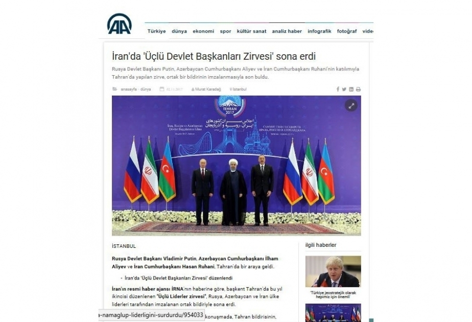 Azərbaycan, İran və Rusiya prezidentlərinin üçtərəfli Zirvə görüşü Türkiyə KİV-lərinin də diqqət mərkəzində olub