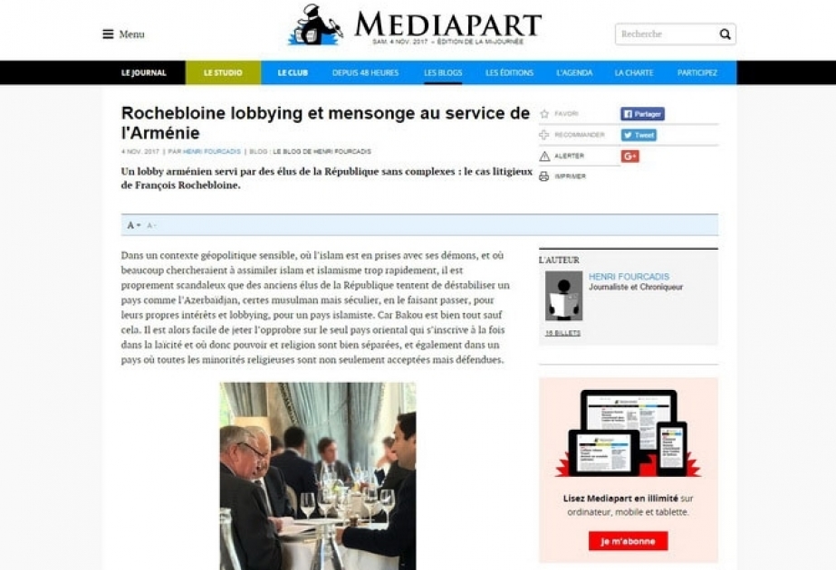 Le site Mediapart : « Rochebloine lobbying et mensonge au service de l'Arménie »