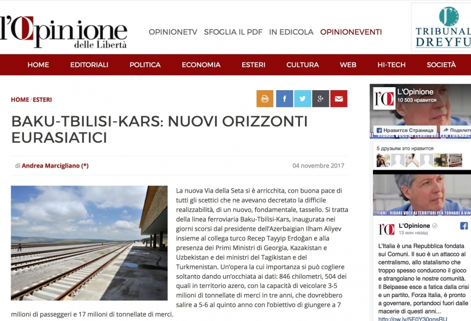 L’Opinione newspaper calls Baku-Tbilisi-Kars railroad “a cooperation corridor”