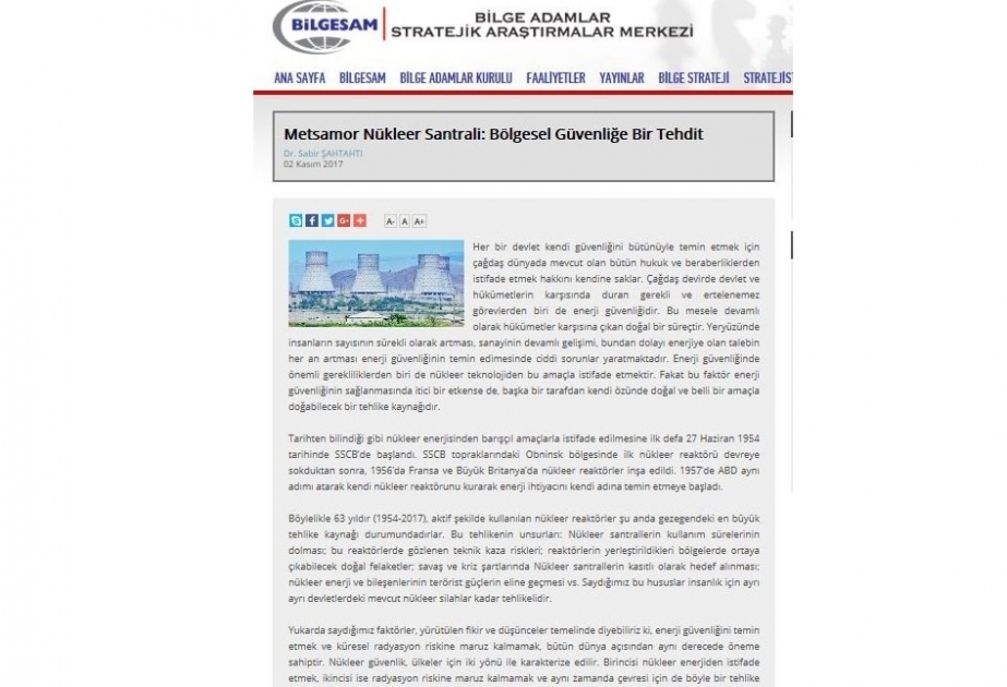 BİLGESAM Araşdırmalar Mərkəzi AZƏRTAC-ın xüsusi müxbirinin Metsamor AES-in təhlükəsi ilə bağlı məqaləsini yayıb