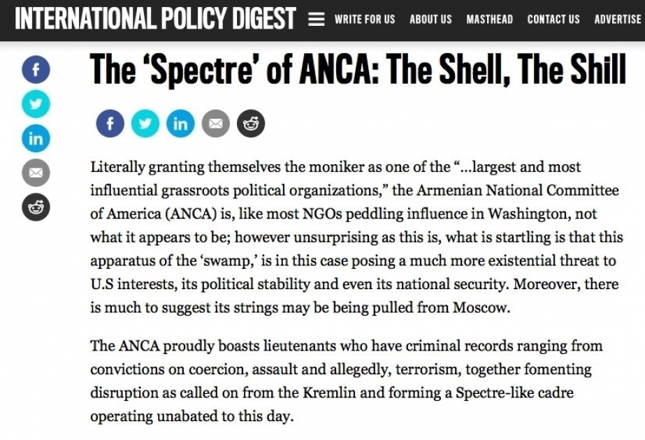 “International Policy Digest” nəşri erməni lobbi təşkilatının çirkin əməllərindən yazıb