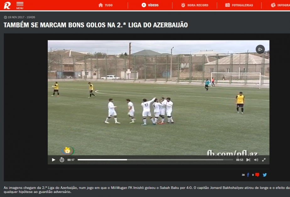 Futbol üzrə Azərbaycan birinci divizionunda vurulan qol Portuqaliya mətbuatında