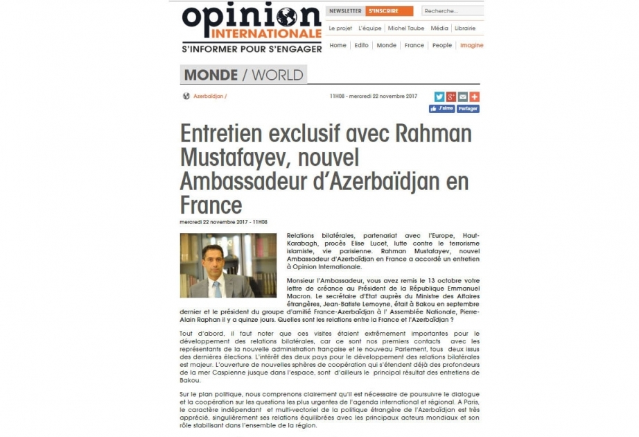Opinion Internationale a publié un entretien exclusif avec l’ambassadeur d’Azerbaïdjan en France
