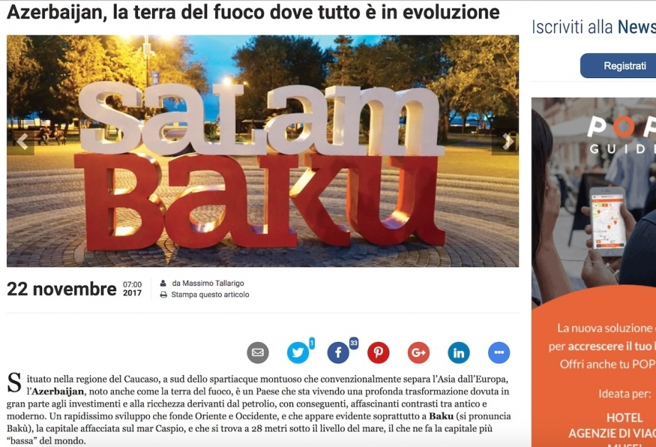 Italian tourism portal highlights Baku sights