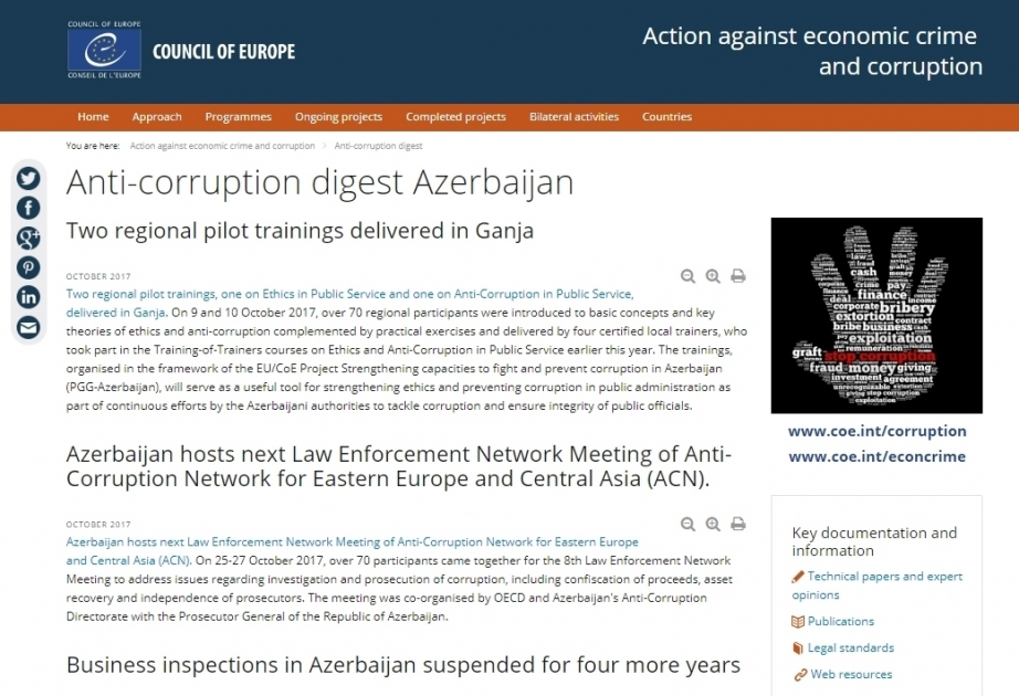 Council of Europe website highlights Azerbaijan`s measures to combat corruption
