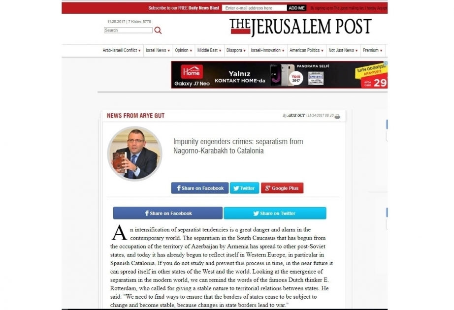 “The Jerusalem Post”: “Cəzasızlıq cinayət doğurur: Separatizm Dağlıq Qarabağdan Kataloniyaya qədər”