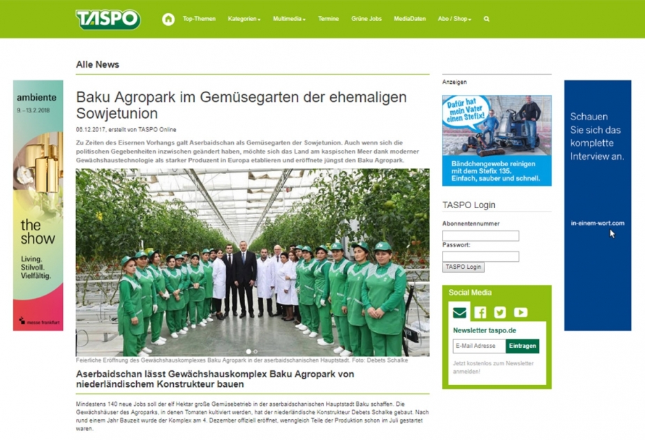 In der Wochenzeitung “TASPO“ ein Artikel über Baku Agropark veröffentlicht
