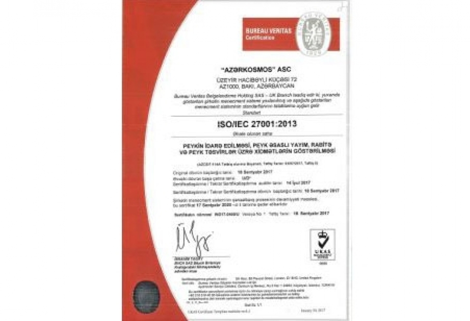 “Azərkosmos” ASC ISO 27001 sertifikatına layiq görülüb