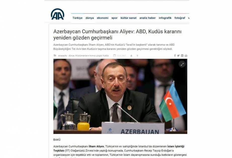 Azərbaycan Prezidentinin İƏT-in zirvə görüşündəki çıxışı Türkiyə mediasında geniş işıqlandırılıb