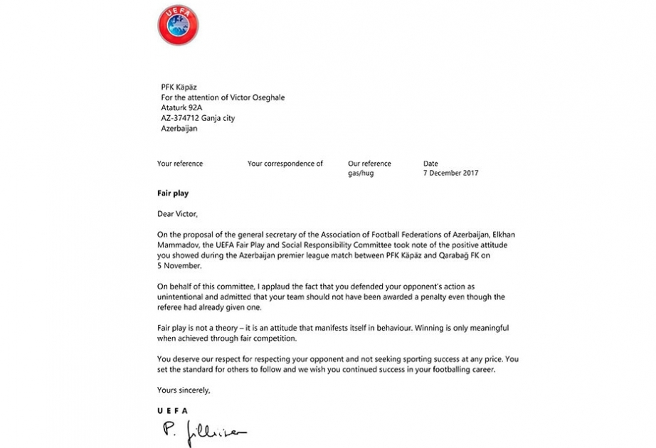 “Kəpəz”in futbolçusunun nümayiş etdirdiyi fair-play nümunəsi UEFA tərəfindən təqdir olunub