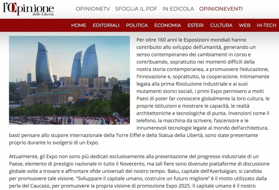 Газета L’Opinione написала о выдвижении Баку городом-кандидатом на проведение «Expo-2025»