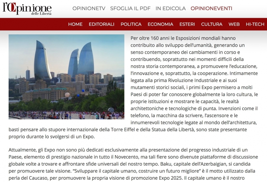 L’Opinione newspaper highlights Baku`s Expo-2025 bid