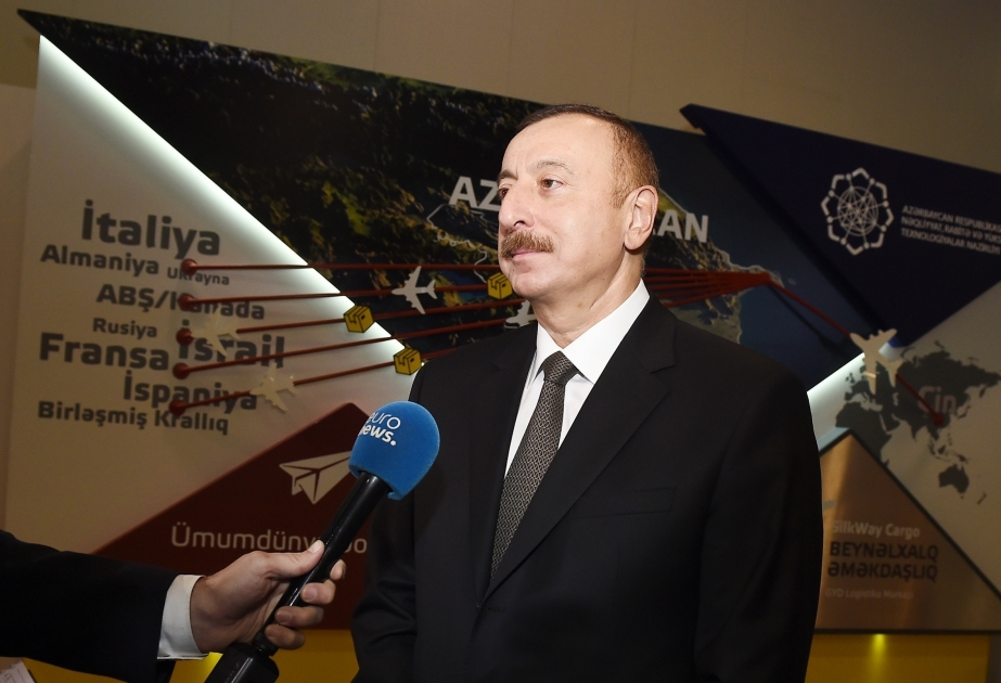 Euronews TV channel highlights Bakutel-2017 exhibition  Azerbaijani President Ilham Aliyev responds to questions from the channel`s correspondent VIDEO