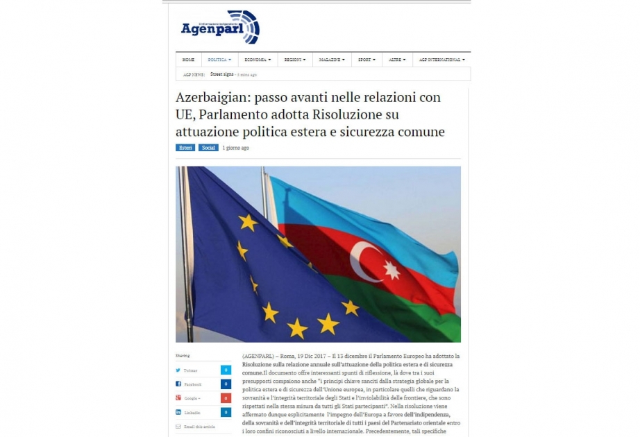 İtaliyanın “Agenparl” agentliyi: Azərbaycan Avropa İttifaqı ilə münasibətlərdə irəliyə doğru daha bir addım atır