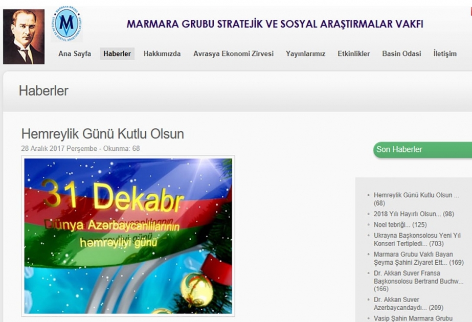 Mərmərə Qrupu Strateji və Sosial Araşdırmalar Fondu dünya azərbaycanlılarına təbrik ünvanlayıb