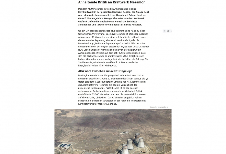 Ekspertlər Metsamor AES-i təhlükə mənbəyi hesab edirlər