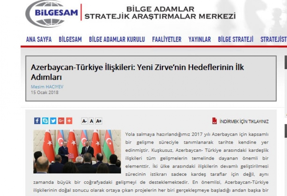 BİLGESAM Mərkəzinin saytında Azərbaycan-Türkiyə əlaqələrindən bəhs edən məqalə verilib