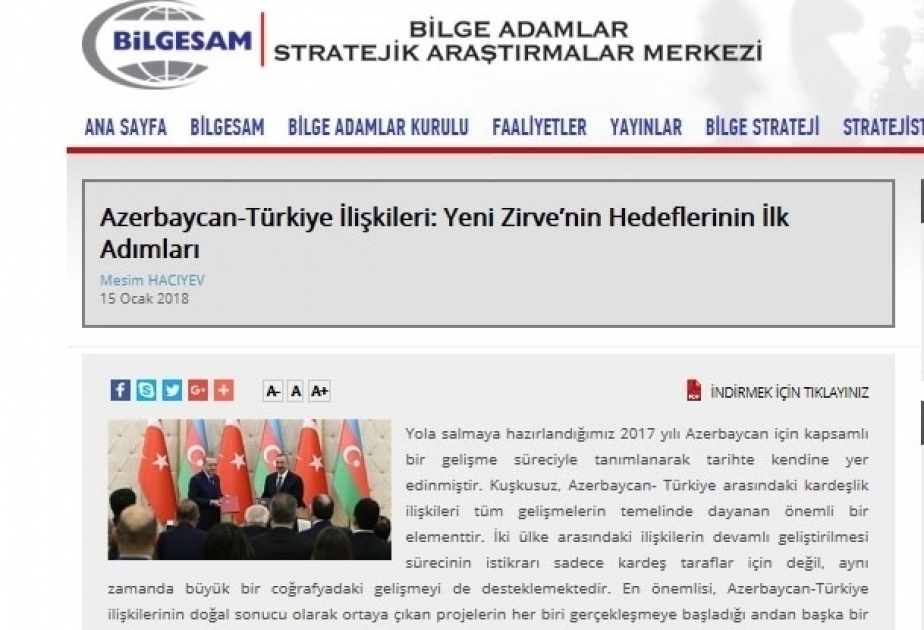 На сайте Центра BİLGESAM опубликована статья, повествующая об азербайджано-турецких связях